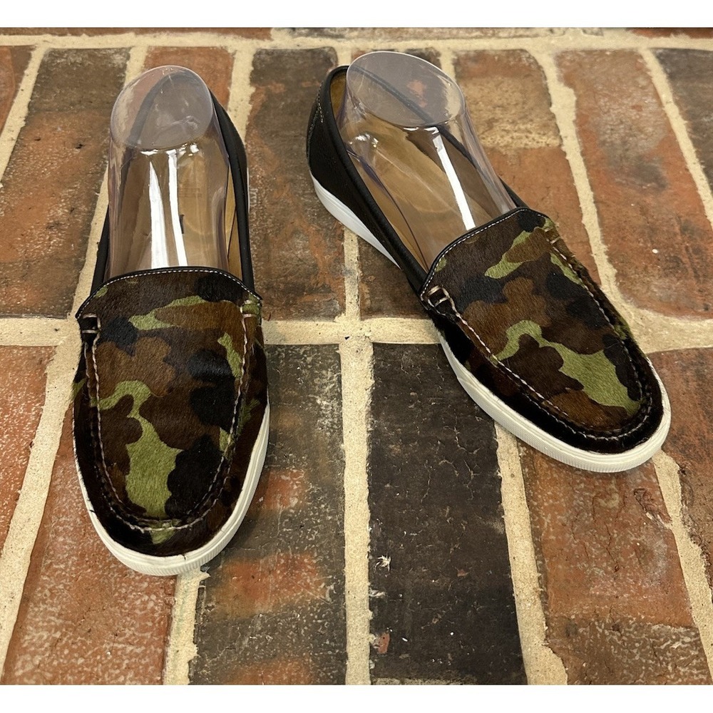 Peter Millar Black Leather Calf‎ Hair Loafers Flats Camo Slip On Shoes Women's 9